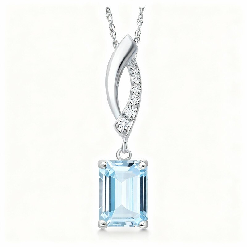 Collier pendentif carré en platine plaqué or blanc avec aigue-marine et moissanite-1