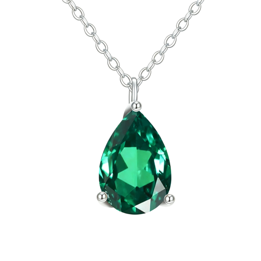 Colar com pendente em forma de gota de esmeralda artificial em ouro branco 18K