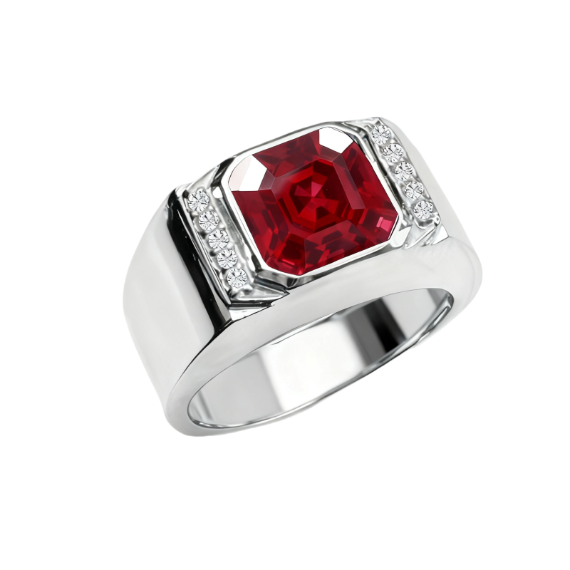 Anel para homem em ouro branco 10K com moissanita lapidada em corte Asscher e rubi.-2