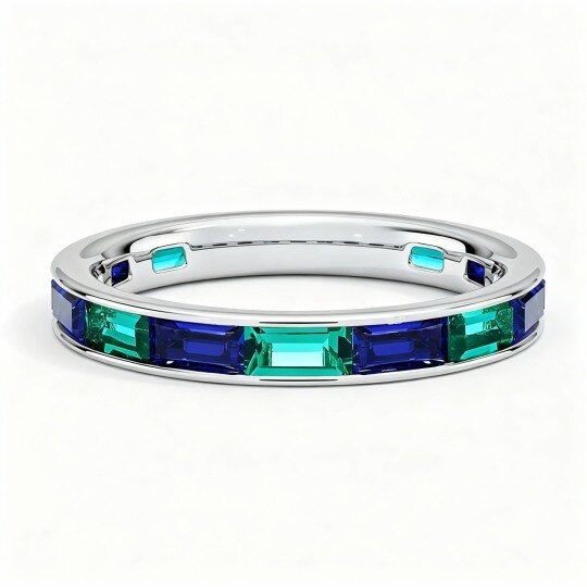9K White Gold Baguette Cut Aquamarine & Emerald Couple Wedding Ring