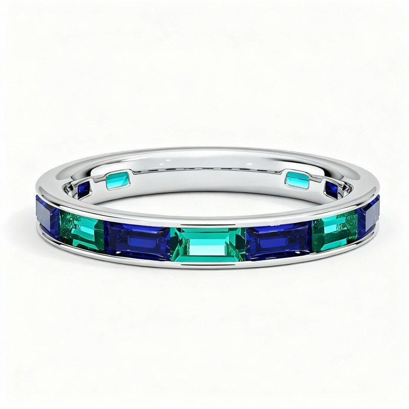 14K White Gold Baguette Cut Aquamarine & Emerald Couple Wedding Ring-1