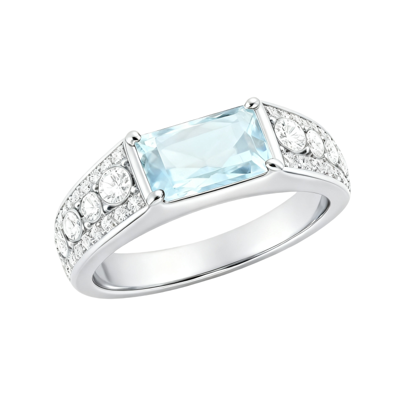 Anillo de compromiso de oro blanco de 10 quilates con aguamarina talla baguette y moissanita.-1