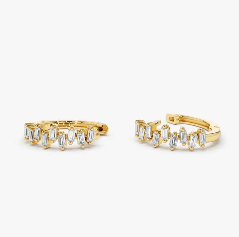 14K Gold Horizontal Set Mini Baguette Diamond Huggie-4