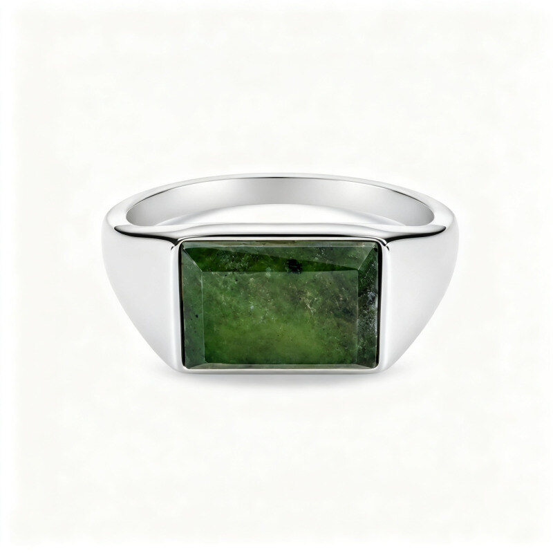 Anillo de sello de oro blanco de 14 quilates con talla baguette para hombre-1