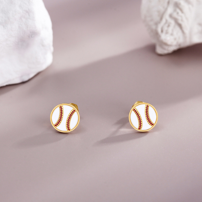 Pendientes de béisbol de oro de 10 quilates para mujer-4