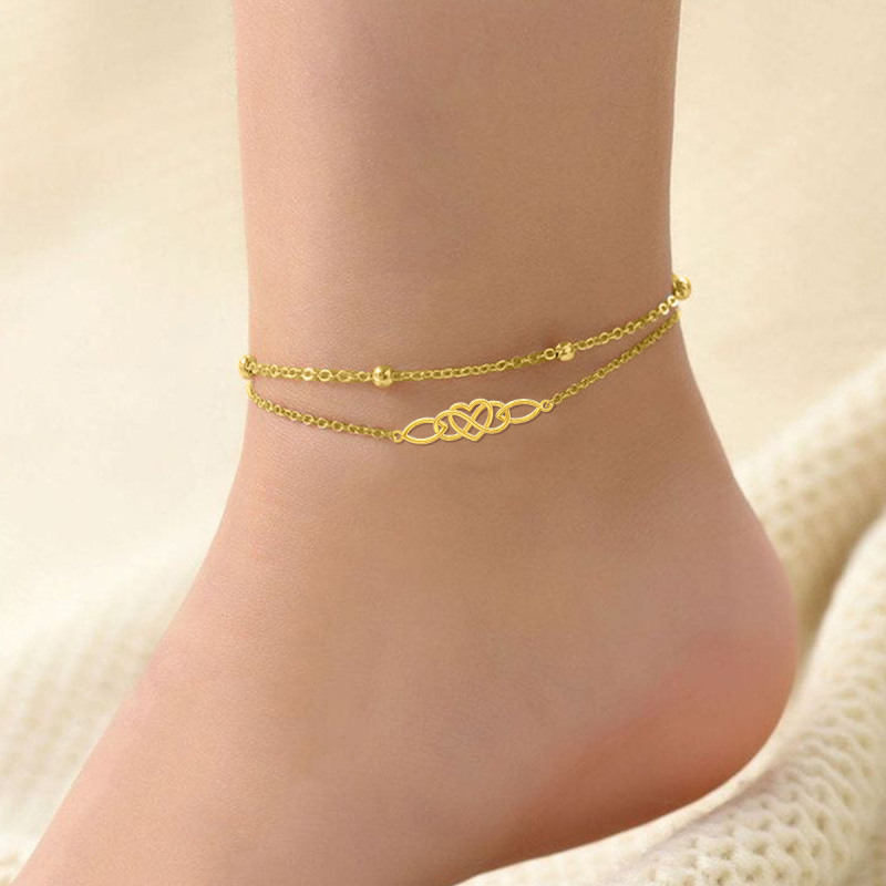18-karätiges Goldperlen-Fußkettchen mit keltischem Knoten und Herzmotiv, mehrlagig-2