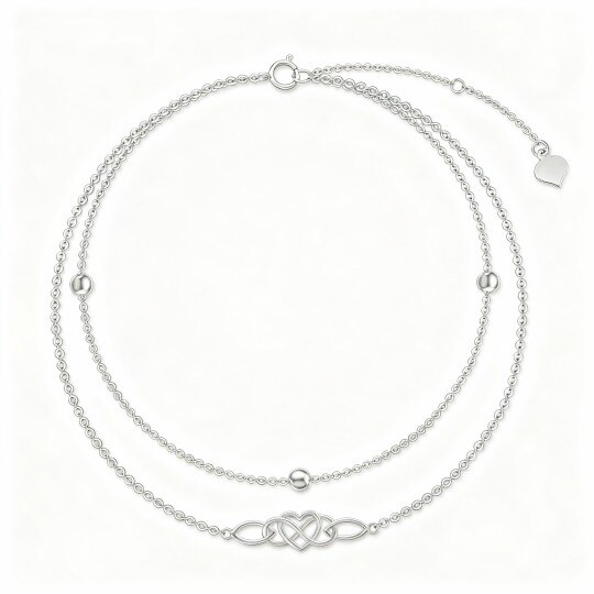 Bracelet de cheville à plusieurs rangs en or blanc 10 carats avec perles, nœud celtique et cœur