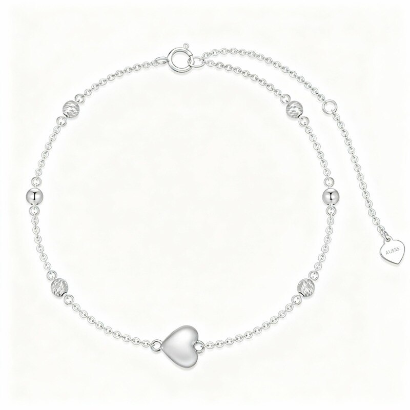 14K White Gold Bead & Heart Charm Bracelet-1