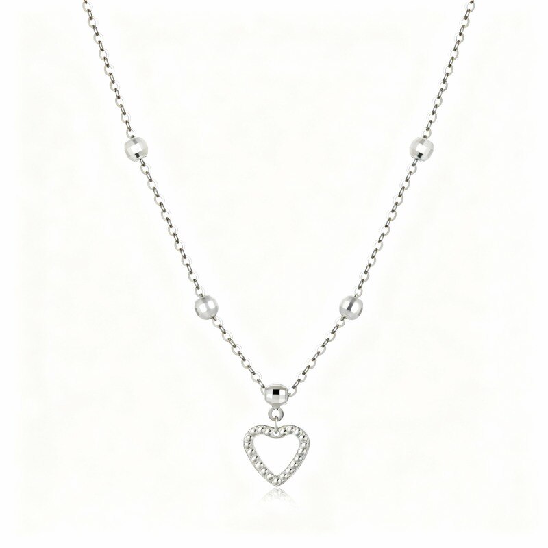 10K White Gold Bead & Heart Pendant Necklace-1