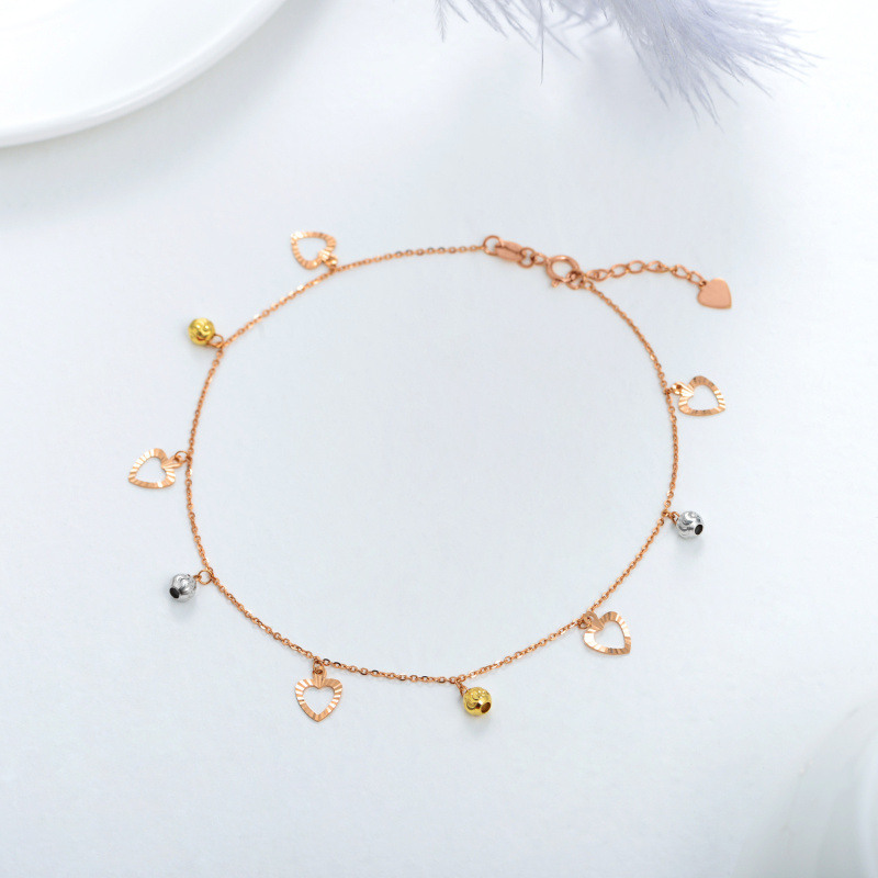18K Gold Bead Heart Single Layer Charm Anklet for Women-3