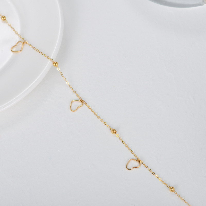 14K Gold Bead & Heart Single Layer Charm Anklet-3