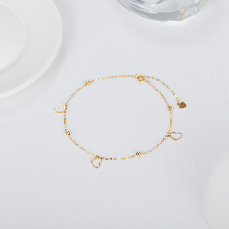 14K Gold Bead & Heart Single Layer Charm Anklet-4