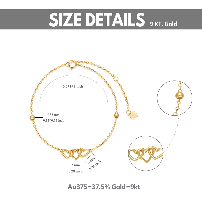 Pulseira de senhora em ouro amarelo 9K com pendente de coração e contas em forma de coração.-6