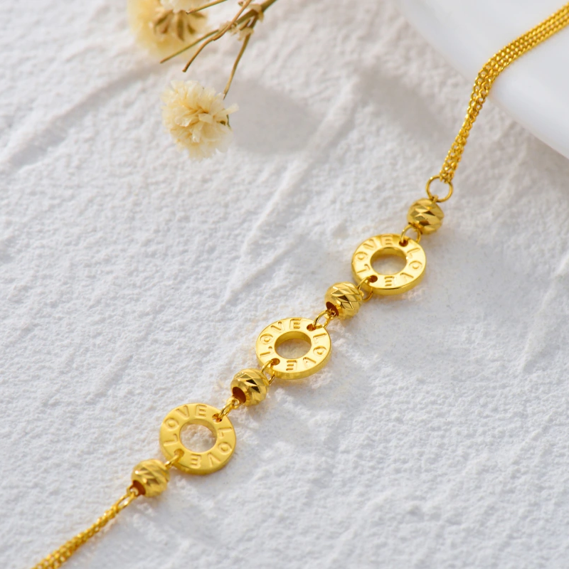 Pulsera de oro de 18 quilates con cuentas y dijes redondos-3