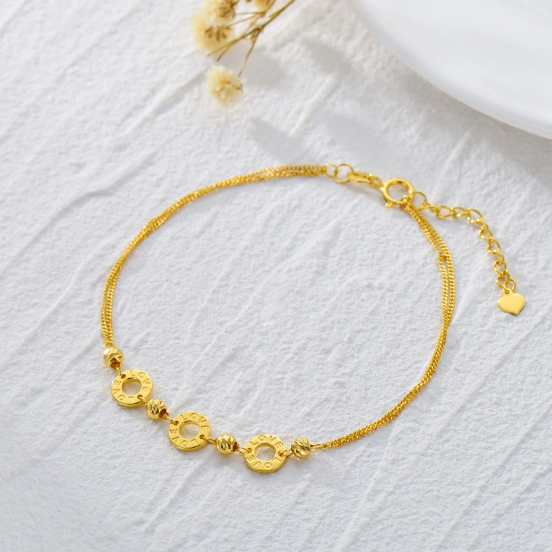 Pulsera de oro de 18 quilates con cuentas y dijes redondos-4
