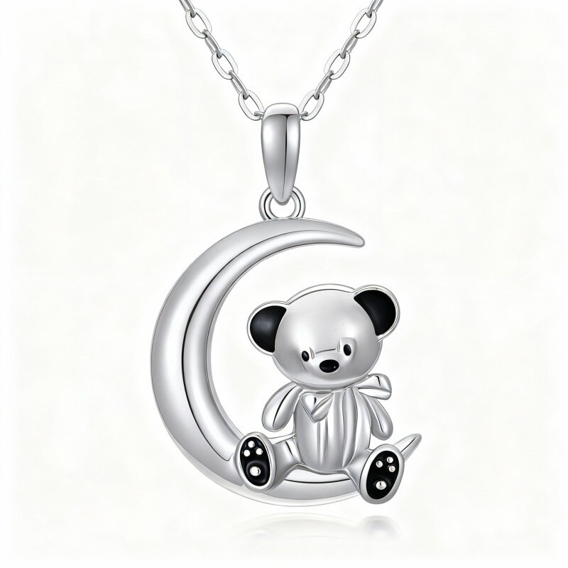 Collar con colgante de oso y luna chapado en oro blanco y platino-1
