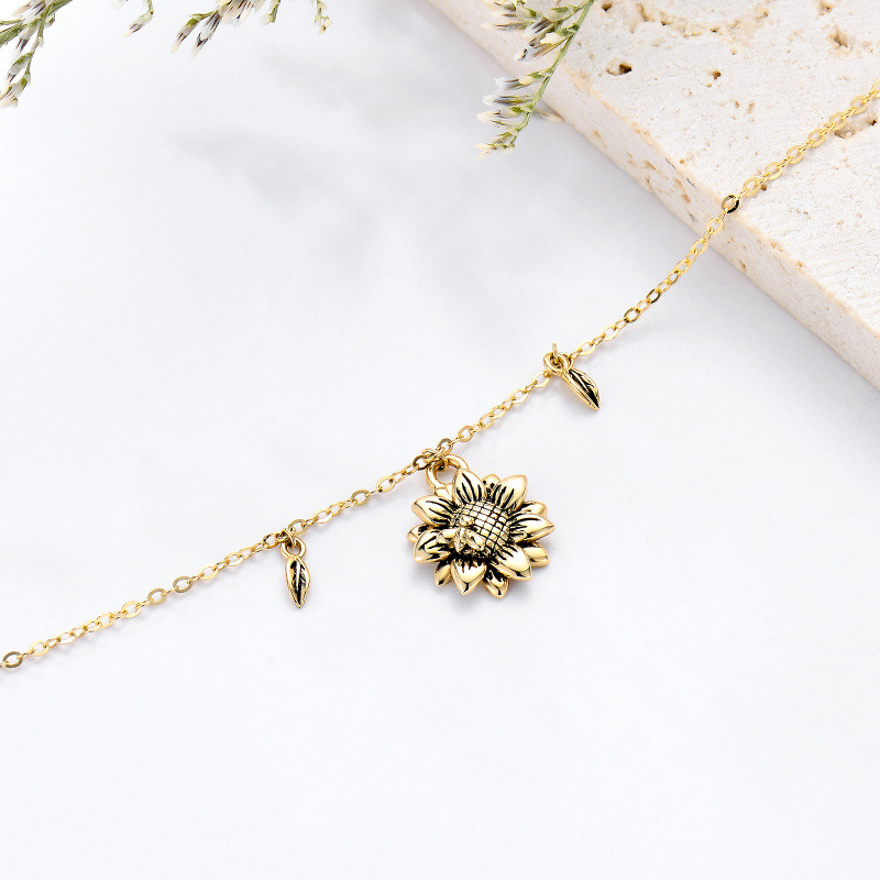 Tobillera de oro amarillo de 10 quilates con abeja, hojas y girasol, de una sola capa, para mujer-3