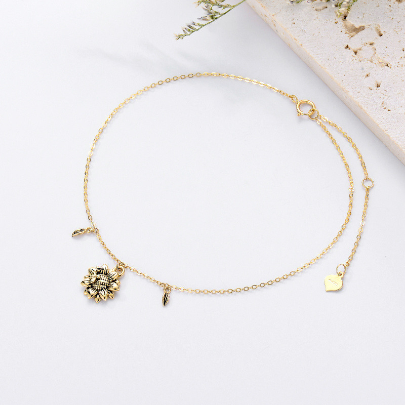 Tobillera de oro amarillo de 10 quilates con abeja, hojas y girasol, de una sola capa, para mujer-4