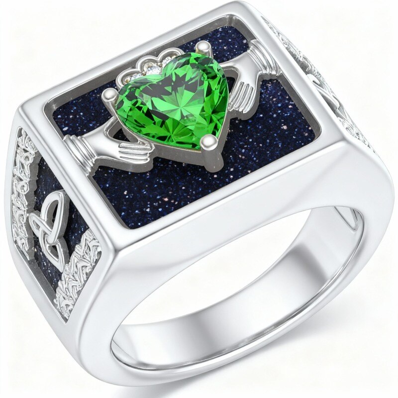 Anillo para hombre de oro blanco de 10 quilates con arenisca azul y circonitas cúbicas, nudo celta y Claddagh.-16