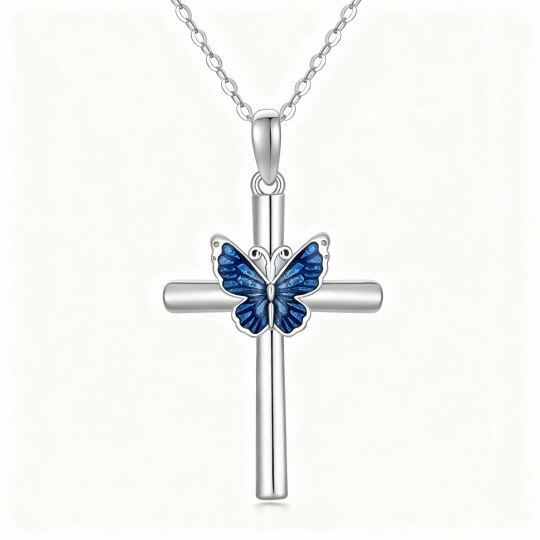 Collier pendentif papillon et croix en or blanc 10 carats