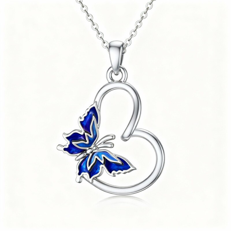 Platinum with White Gold Plated Butterfly & Heart Pendant Necklace-1