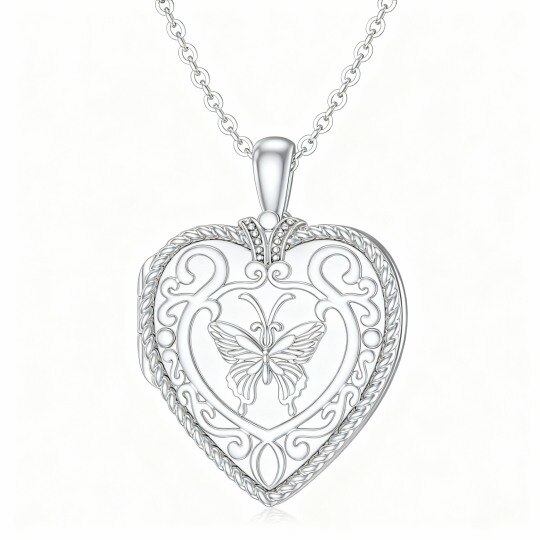 10K White Gold Butterfly & Heart Personalized Photo Locket Necklace