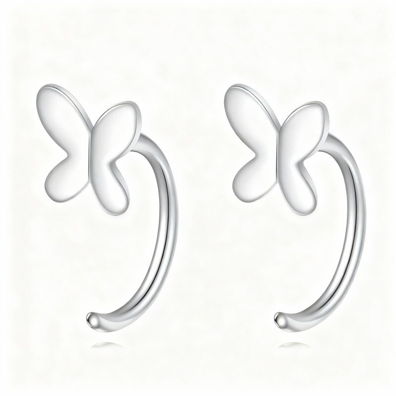 Pendientes de aro de mariposa de oro blanco de 14 quilates-1