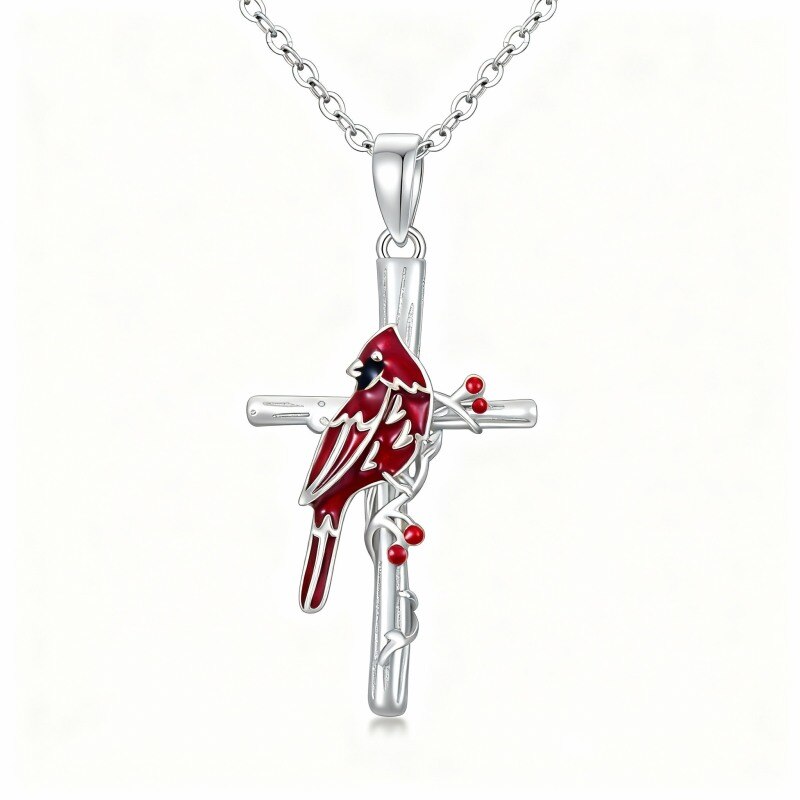 10K White Gold Cardinal & Cross Pendant Necklace-14
