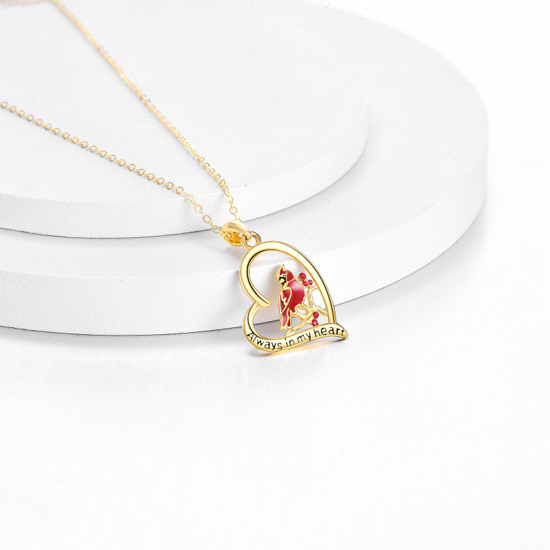 10K Gold Cardinal & Heart Pendant Necklace with Engraved Word-4