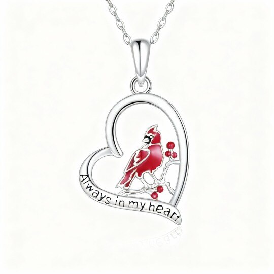 Collar con colgante de cardenal y corazón en oro blanco de 10 quilates con palabra grabada