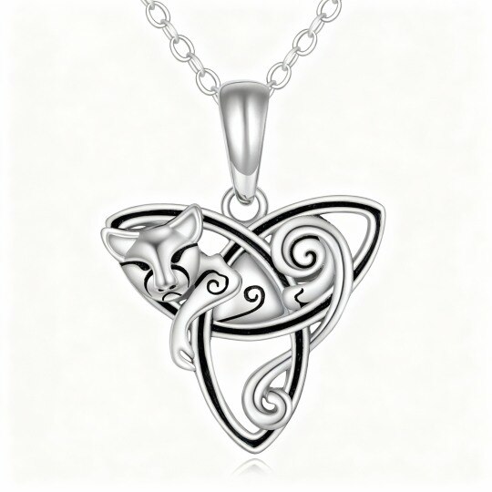 Collier pendentif chat et nœud celtique en or blanc 10 carats