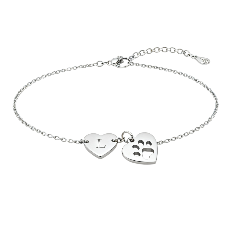 Pulsera con dije de gato, perro y huellas de pies en oro blanco de 10 quilates-10