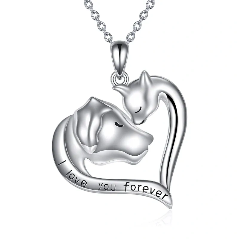 Pendentif cœur et chat avec chien en or blanc 10 carats « Je t'aimerai toujours » - Collier pour femmes et hommes-1