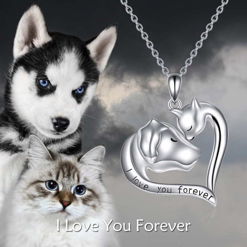 Pendentif cœur et chat avec chien en or blanc 10 carats « Je t'aimerai toujours » - Collier pour femmes et hommes-6