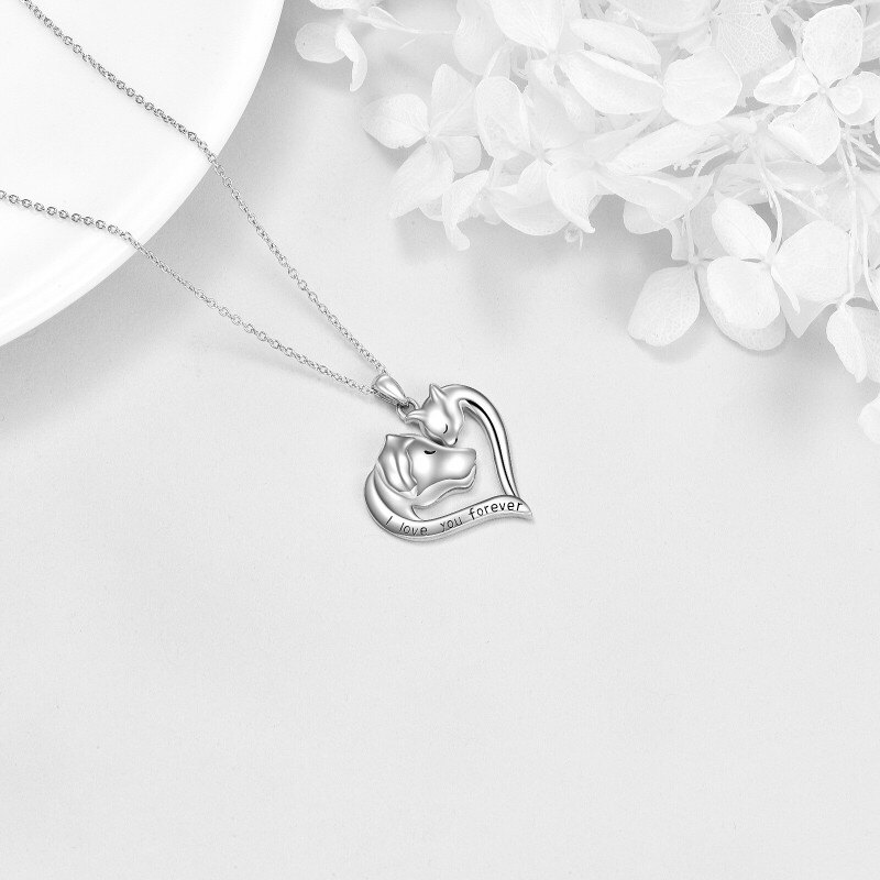Pendentif cœur et chat avec chien en or blanc 10 carats « Je t'aimerai toujours » - Collier pour femmes et hommes-4