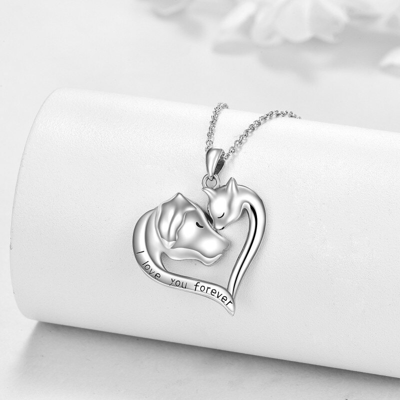 Pendentif cœur et chat avec chien en or blanc 10 carats « Je t'aimerai toujours » - Collier pour femmes et hommes-5