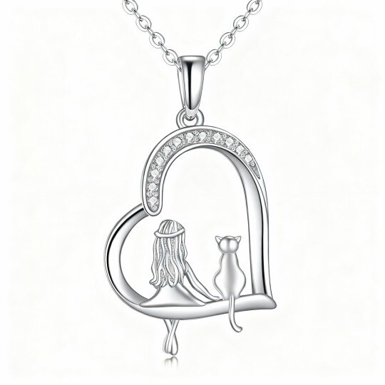 Collar con colgante de gato y corazón en oro blanco de 10 quilates