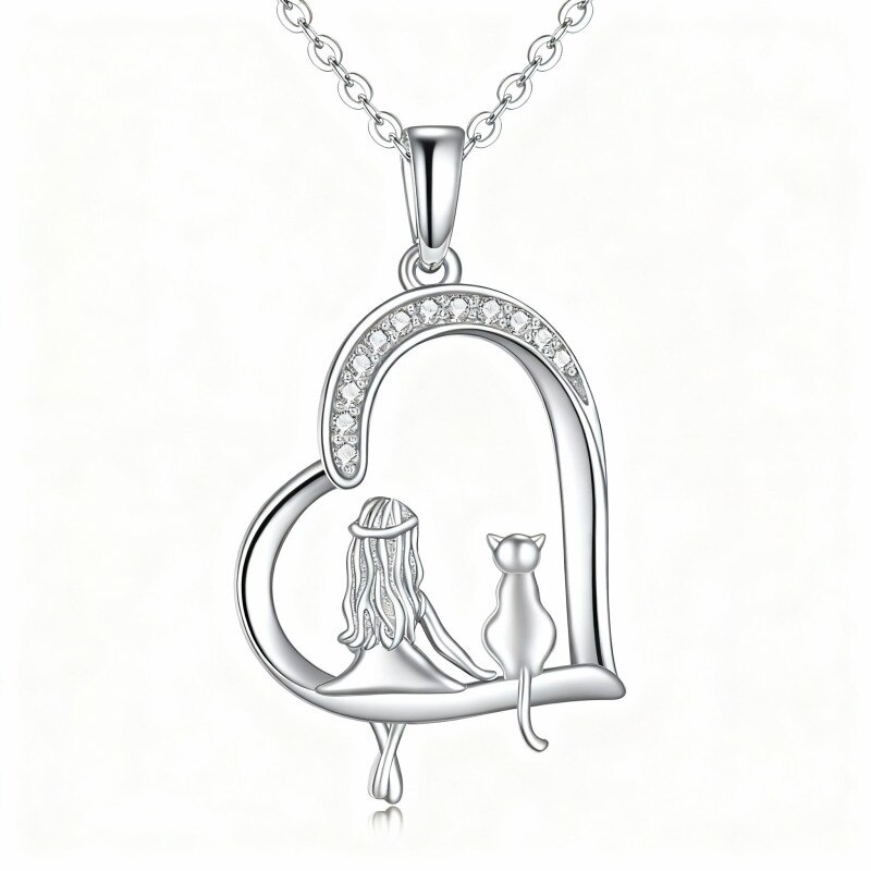 Collier pendentif chat et cœur en or blanc 10 carats-18