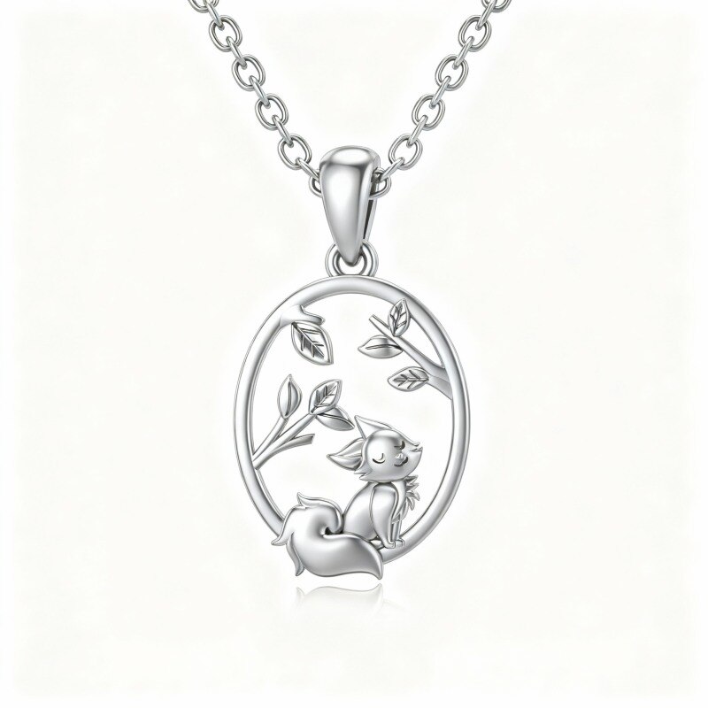 Platinum with White Gold Plated Cat & Leaves Pendant Necklace-1