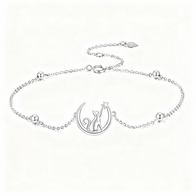 Pulsera con dije de gato y luna en oro blanco de 10 quilates-13