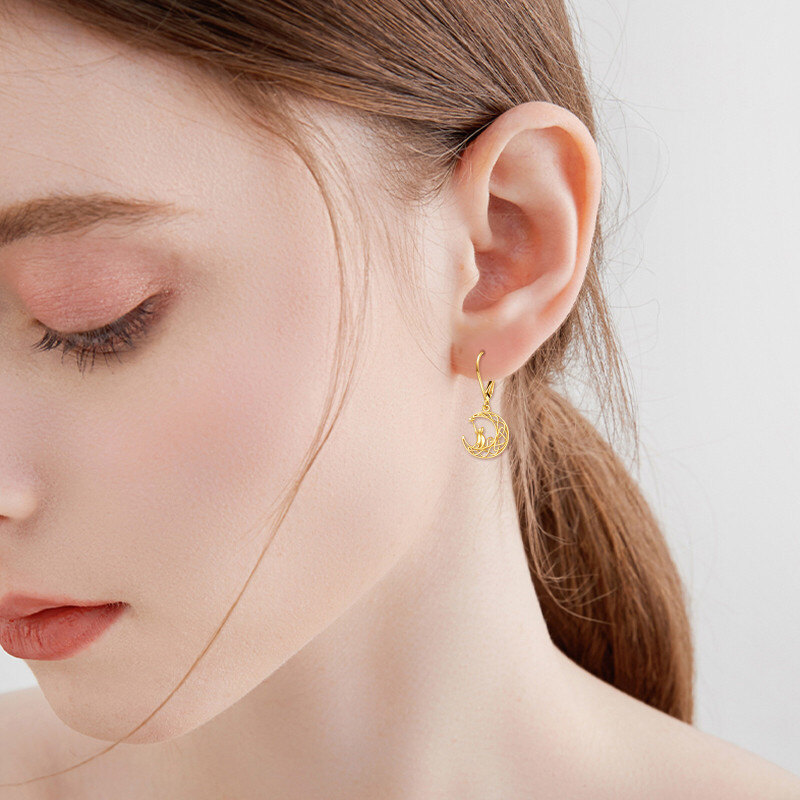 14K Gold Cat & Moon Drop Earrings-2