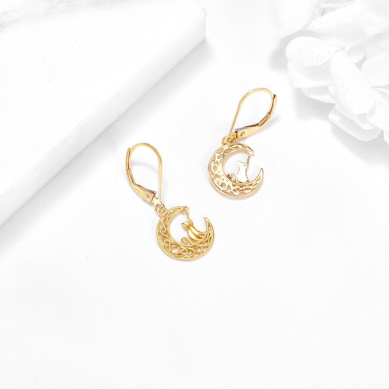 14K Gold Cat & Moon Drop Earrings-3