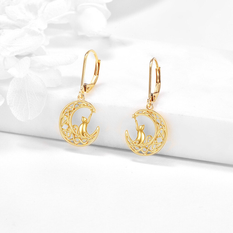 14K Gold Cat & Moon Drop Earrings-4