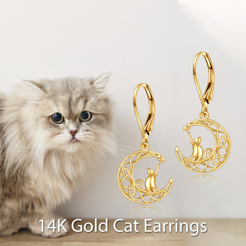 14K Gold Cat & Moon Drop Earrings-5