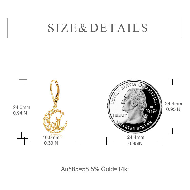 14K Gold Cat & Moon Drop Earrings-6