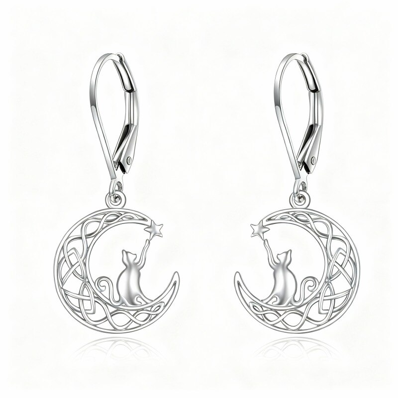 18K White Gold Cat & Moon Drop Earrings-1