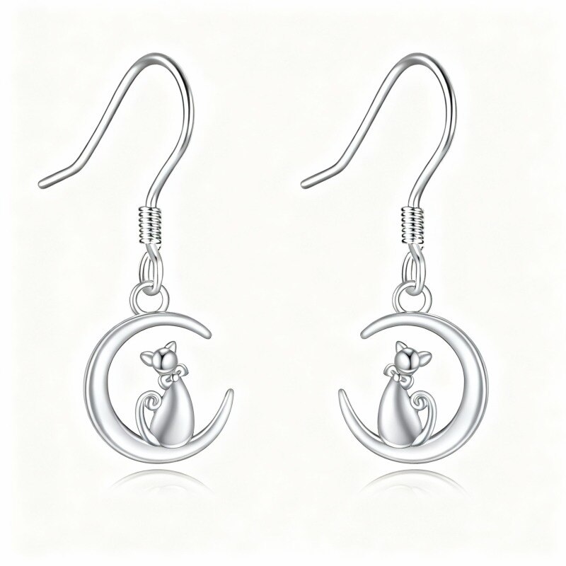 Pendientes colgantes de gato y luna en oro blanco de 18 quilates-1