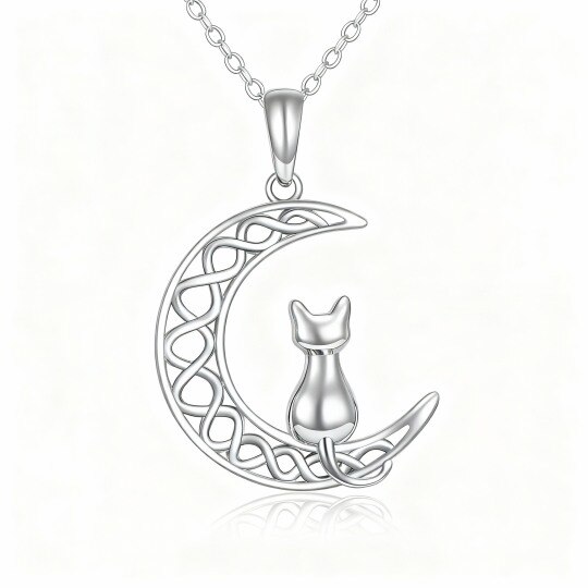 Collar con colgante de gato y luna en oro blanco de 10 quilates