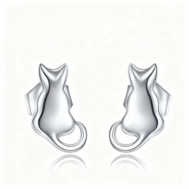 Platinum with White Gold Plated Cat Stud Earrings-1