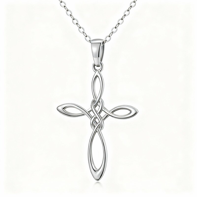 18K White Gold Celtic Knot & Cross Pendant Necklace-1